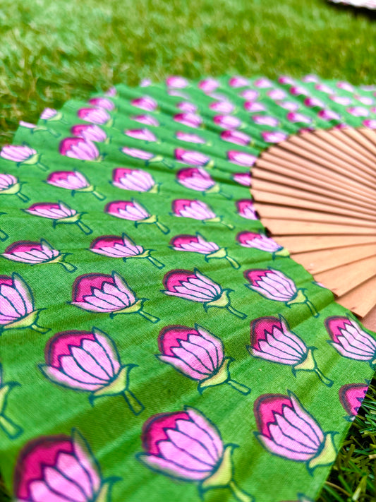 Abanico block print verde césped