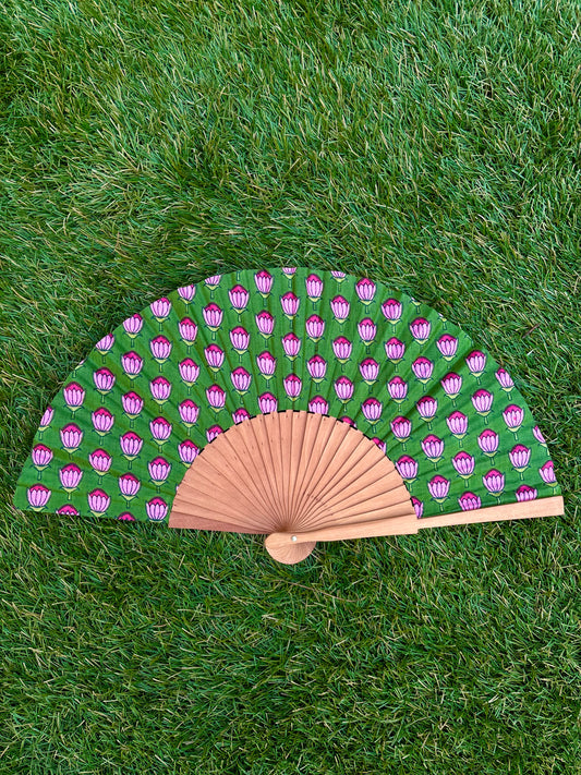 Abanico block print verde césped