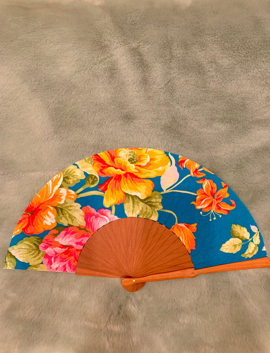Abanico azul petróleo flores flamenco